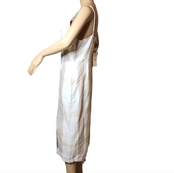 NWT Anthopologie Mo:vint Linen Beige Plaid Sleeveless Button Midi Dress Medium - Picture 6 of 16